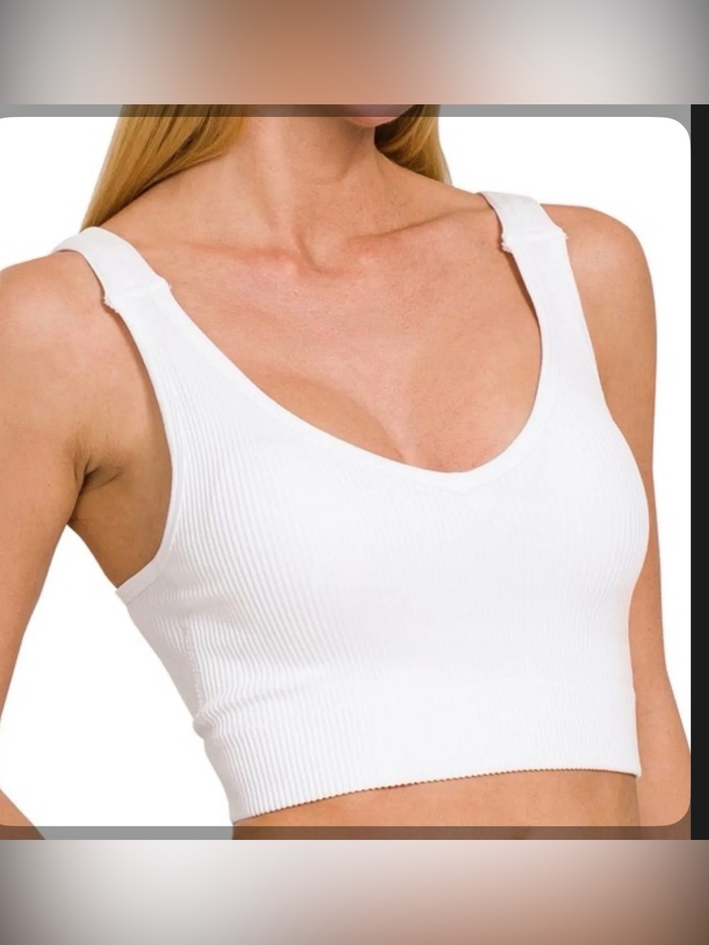 Zenana Outfitters White Padded Ribbed V-Neck Crop Tank